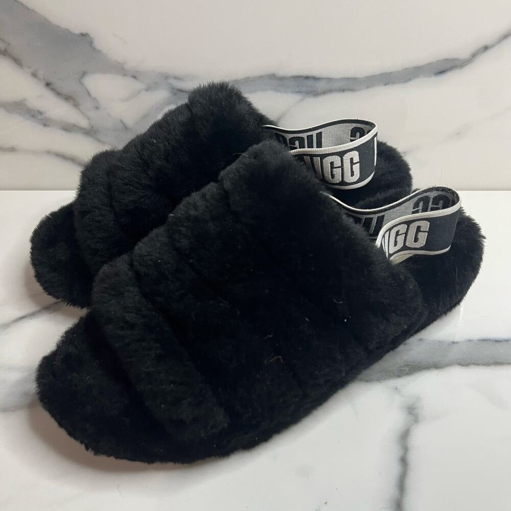 UGG Women’s Black Sherpa Shearling Slides Fluff Yeah Slippers Sz 7 Cozy - Picture 3 of 5